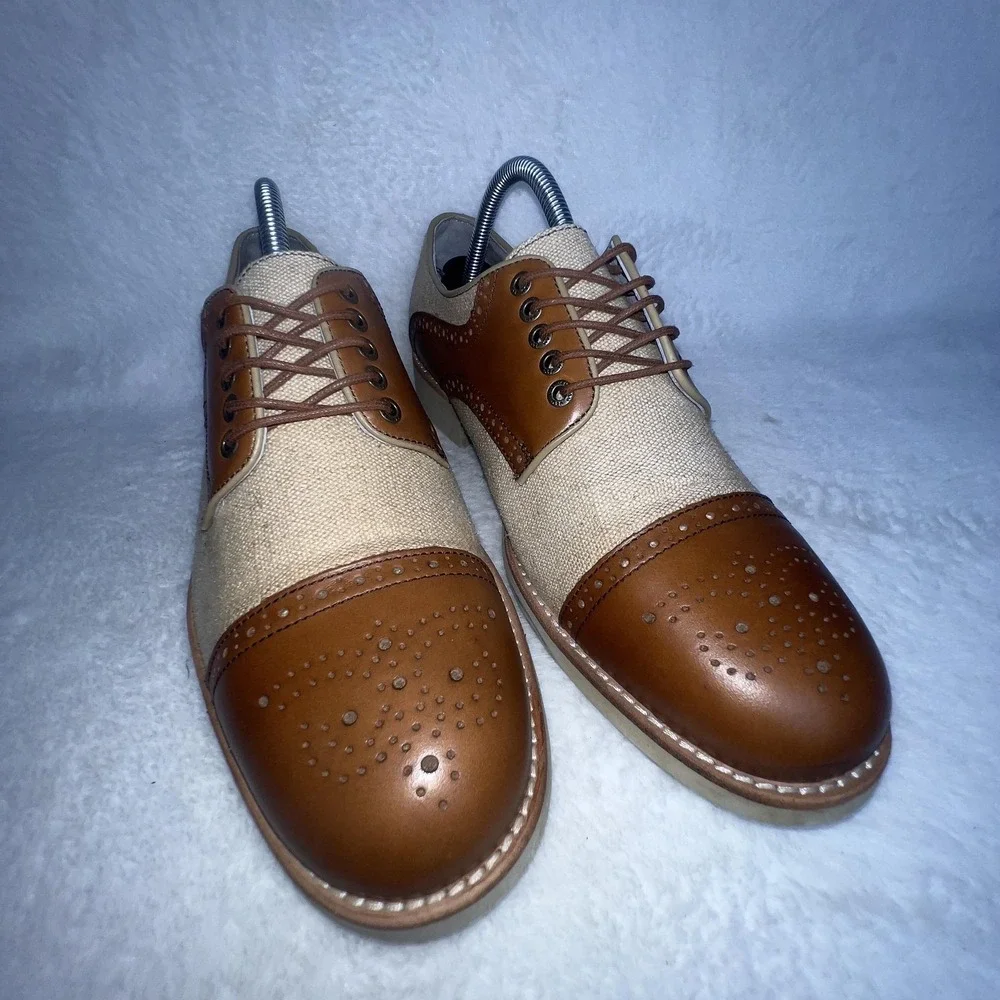 Johnston & Murphy Shoes Mens 8.5 Brown Canvas Cap Toe Derby Dress Oxfords Casual